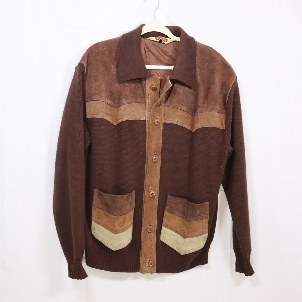 Miller Western Knit Cardigan Large Brown Mens Suede‎ Trim Vintage